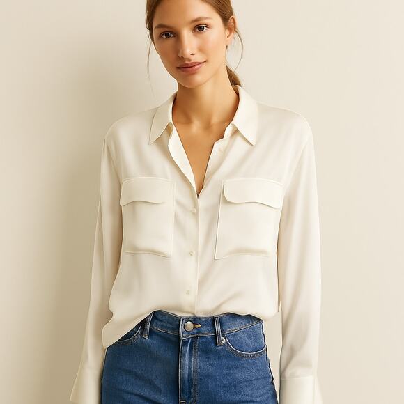 Frame SZ M Silk Off White Boyfriend Shirt Button Front Large Pockets $348 - Picture 1 of 8
